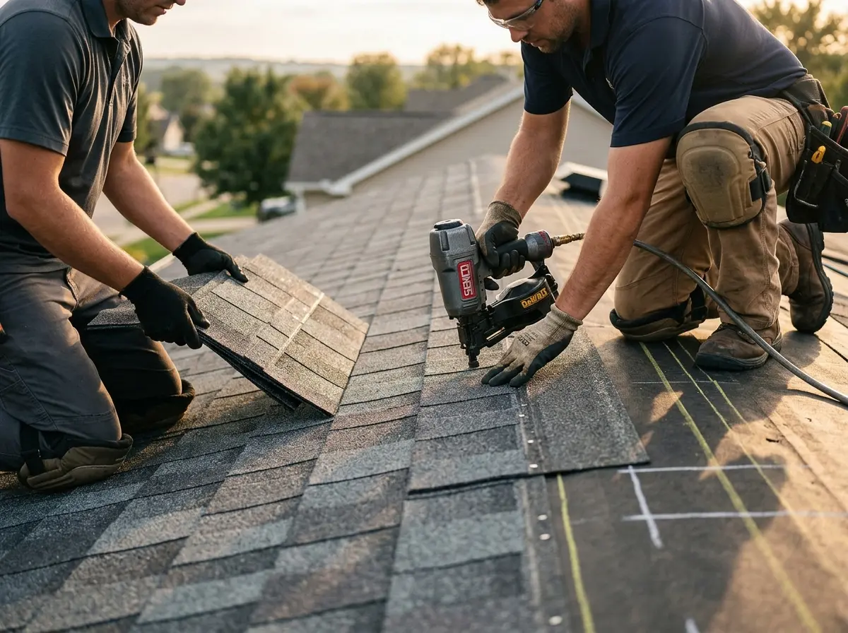 Professional roofer working on a residential roof in Lakeland North